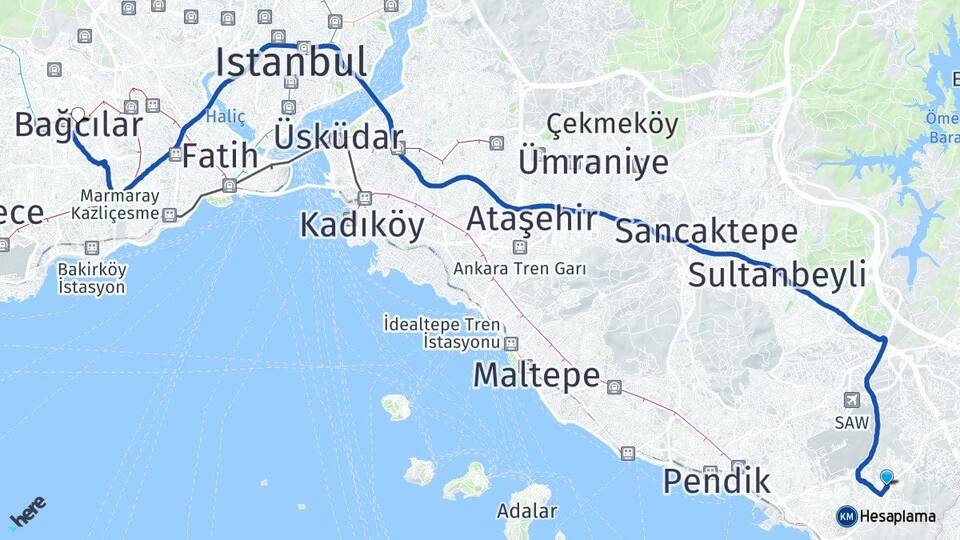 İstanbul Tuzla Aydınlı Bağcılar Arası Kaç Km - Yol Haritası