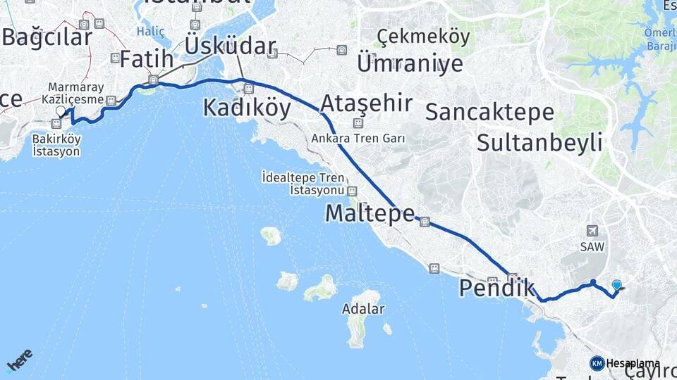 İstanbul Tuzla Aydınlı Bakırköy Arası Kaç Km - Yol Haritası
