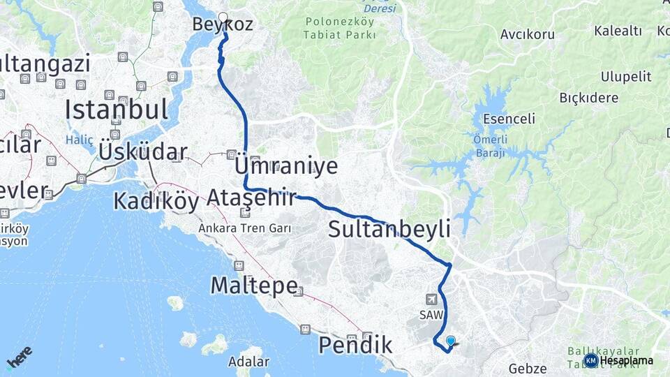 İstanbul Tuzla Aydınlı Beykoz Arası Kaç Km - Yol Haritası
