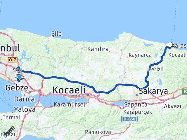 İstanbul Tuzla Aydınlı Karasu Sakarya Arası Kaç Km - Yol Haritası