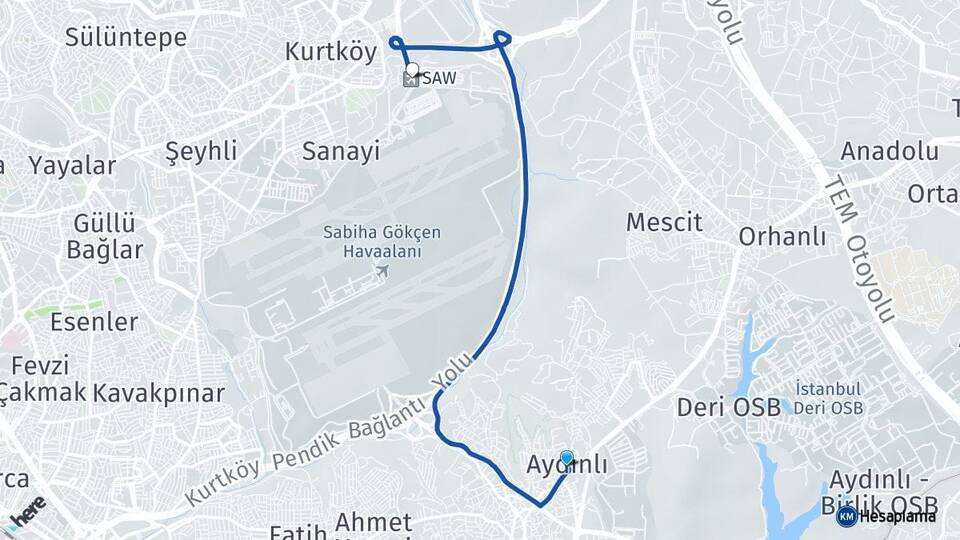 Aydınlı Sabiha Gökçen Havalimanı Arası Kaç Km - Yol Tarifi