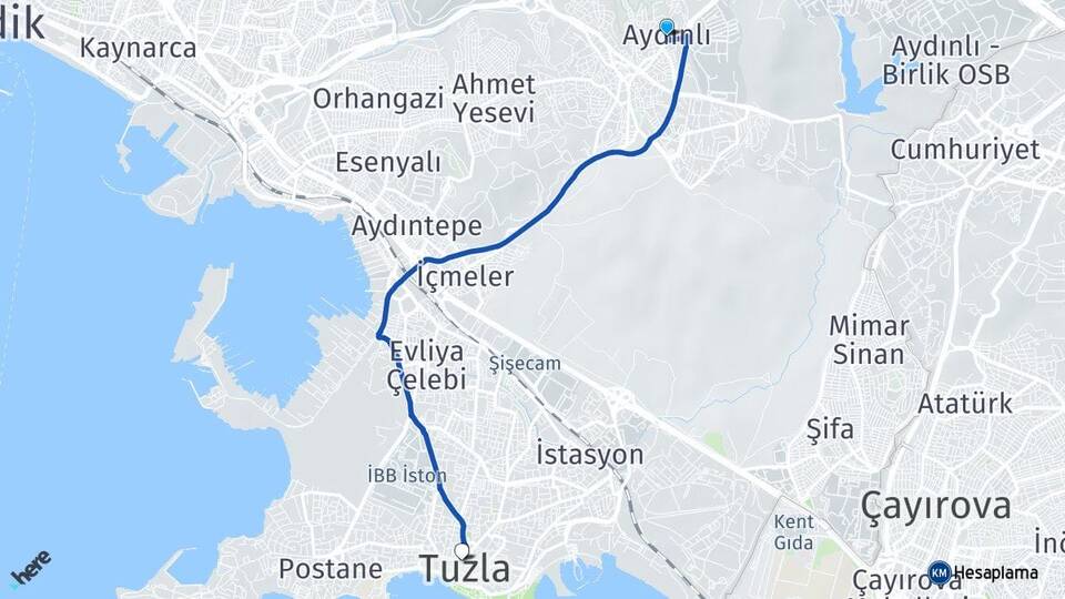 İstanbul Tuzla Aydınlı Tuzla Arası Kaç Km - Yol Haritası