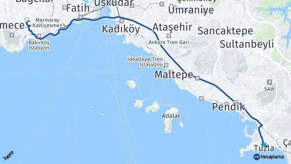 İstanbul Tuzla Bahçelievler Arası Kaç Km - Yol Haritası