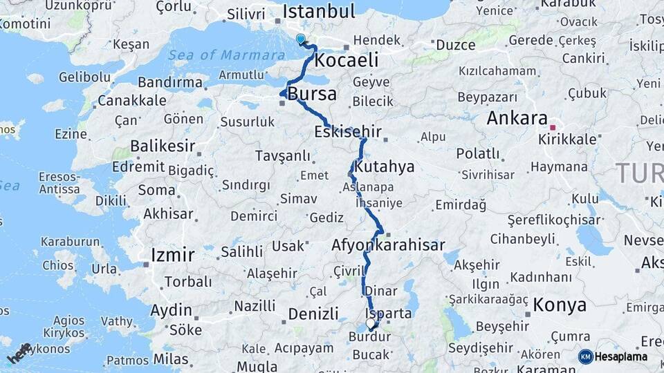 İstanbul Tuzla Burdur Arası Kaç Km - Yol Haritası