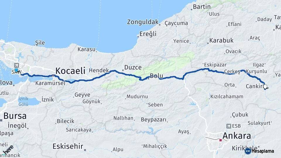 İstanbul Tuzla Çankırı Arası Kaç Km - Yol Haritası