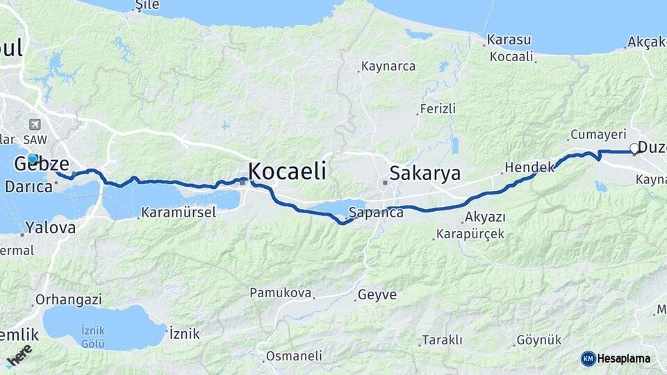 İstanbul Tuzla Düzce Arası Kaç Km - Yol Haritası