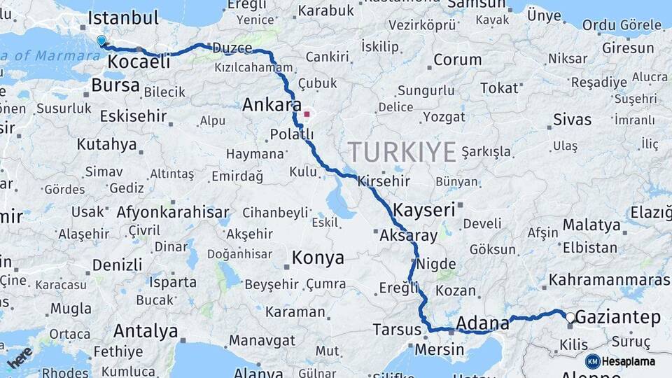İstanbul Tuzla Gaziantep Arası Kaç Km - Yol Haritası
