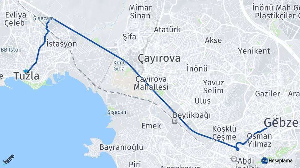 İstanbul Tuzla Gebze Kocaeli Arası Kaç Km - Yol Haritası