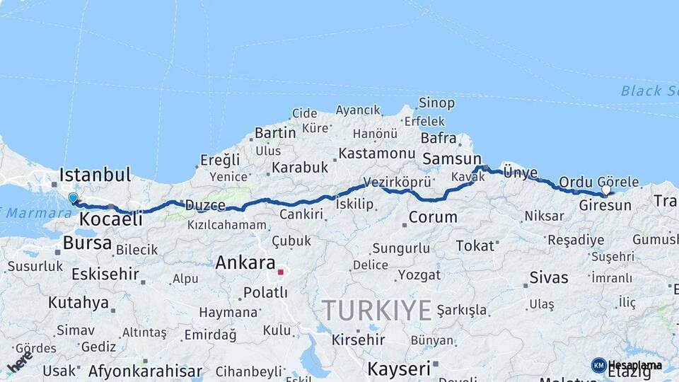 İstanbul Tuzla Giresun Arası Kaç Km - Yol Haritası