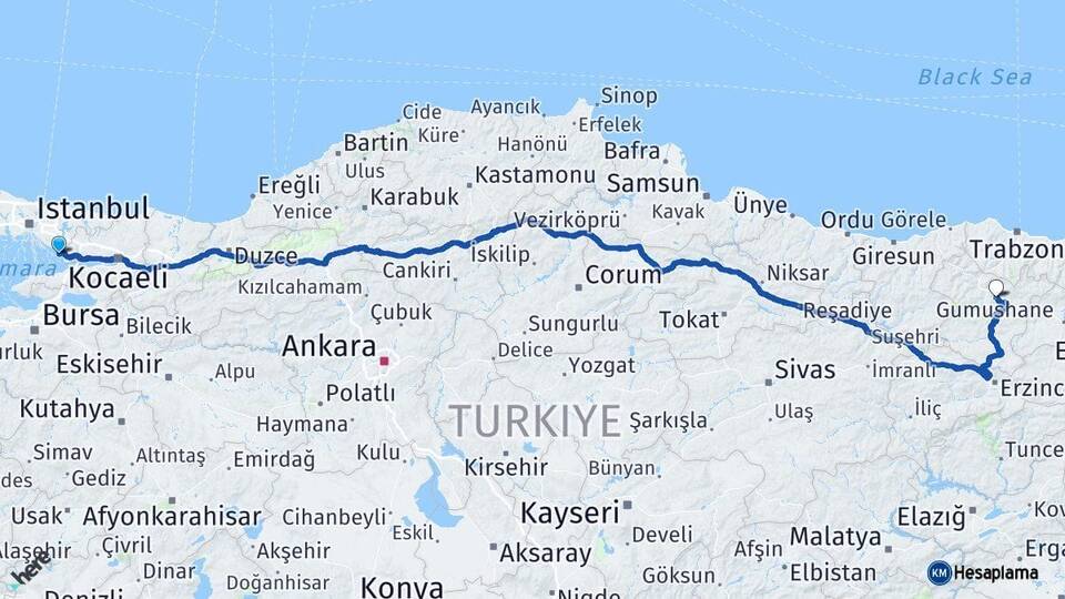 İstanbul Tuzla Gümüşhane Arası Kaç Km - Yol Haritası