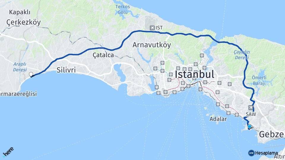 İstanbul Tuzla Gümüşyaka Silivri Arası Kaç Km - Yol Haritası