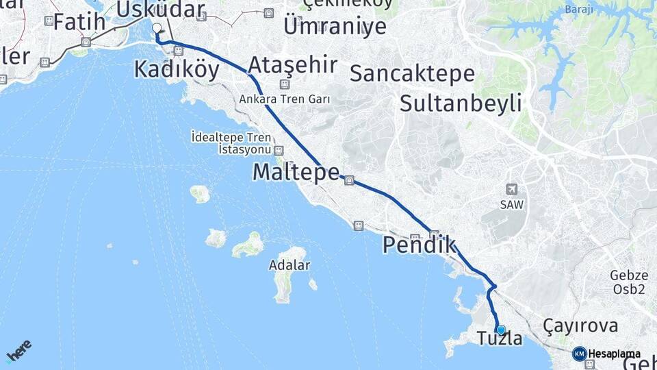 İstanbul Tuzla Harem Otogarı Arası Kaç Km - Yol Haritası