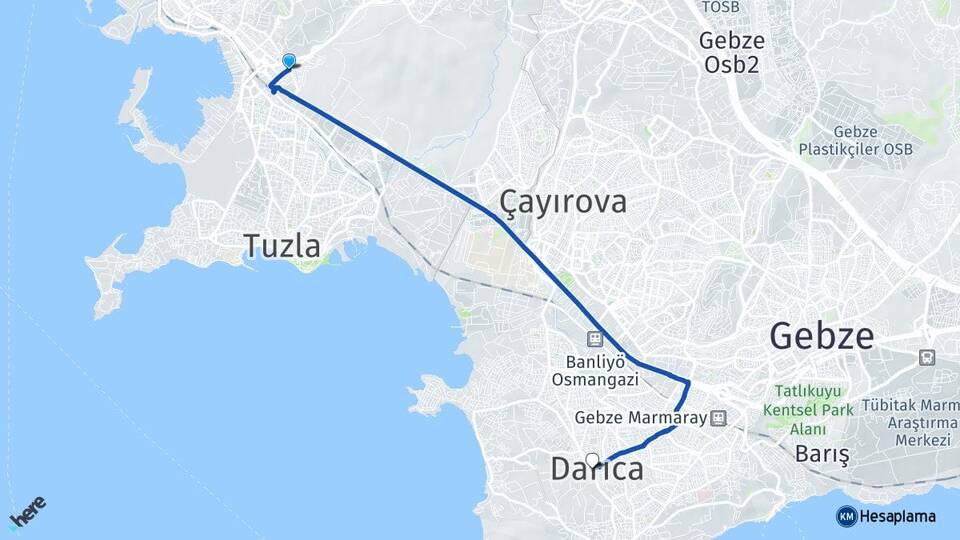 İstanbul Tuzla İçmeler Darıca Kocaeli Arası Kaç Km - Yol Haritası