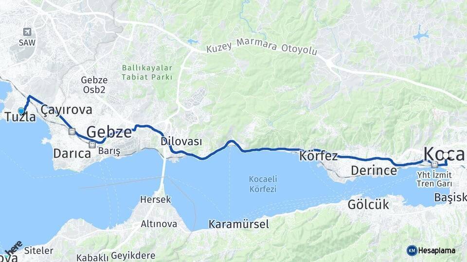 İstanbul Tuzla İzmit Kocaeli Arası Kaç Km - Yol Haritası