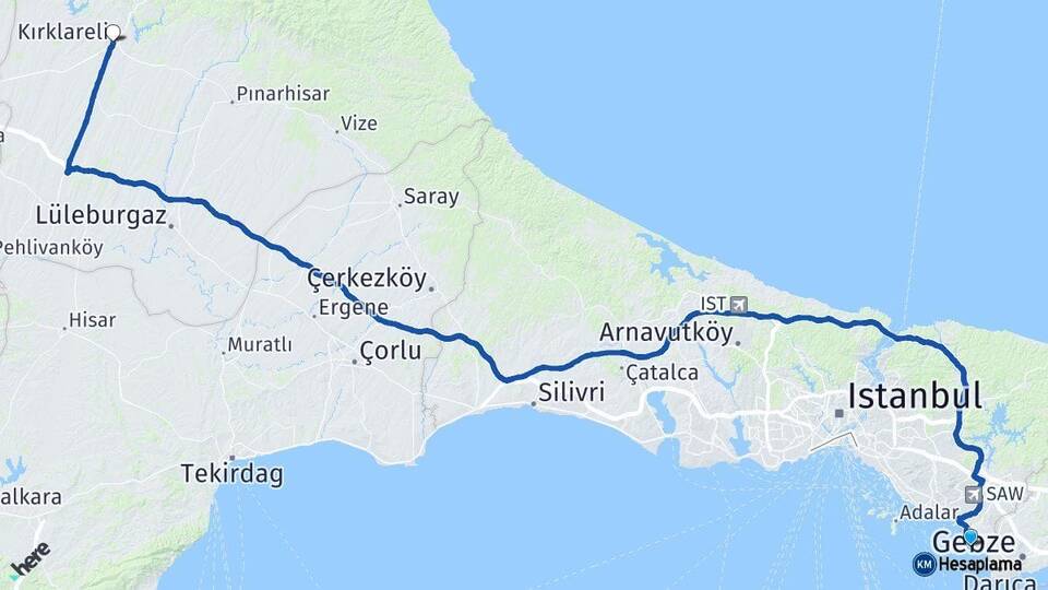 İstanbul Tuzla Kırklareli Arası Kaç Km - Yol Haritası
