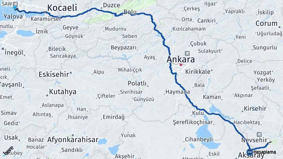 İstanbul Tuzla Nevşehir Arası Kaç Km - Yol Haritası