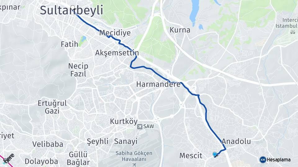 İstanbul Tuzla Orhanlı Sultanbeyli Arası Kaç Km - Yol Haritası
