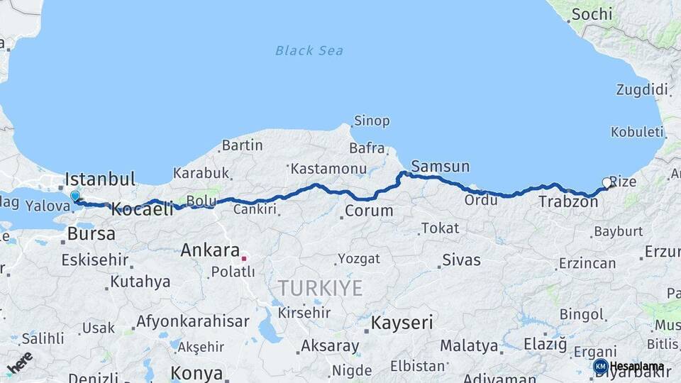İstanbul Tuzla Rize Arası Kaç Km - Yol Haritası