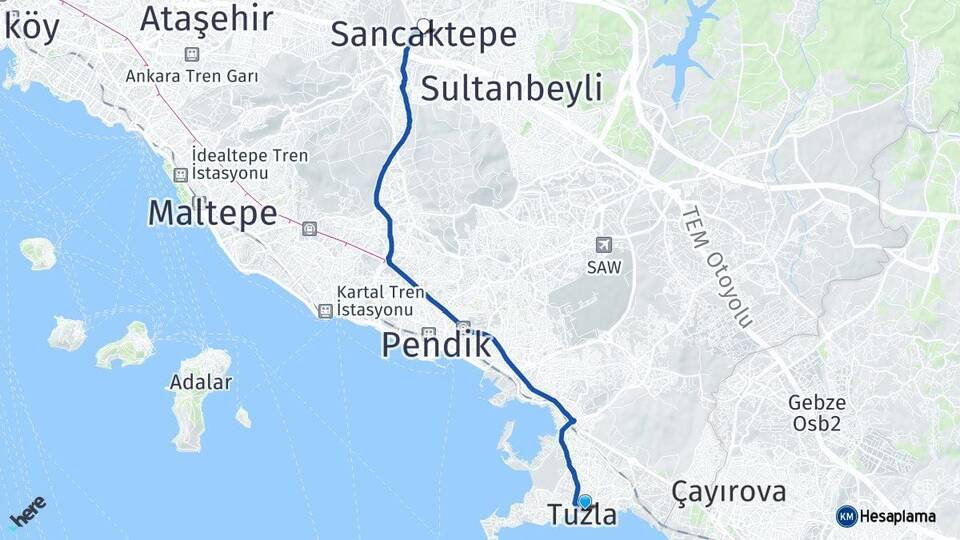 İstanbul Tuzla Sancaktepe Arası Kaç Km - Yol Haritası