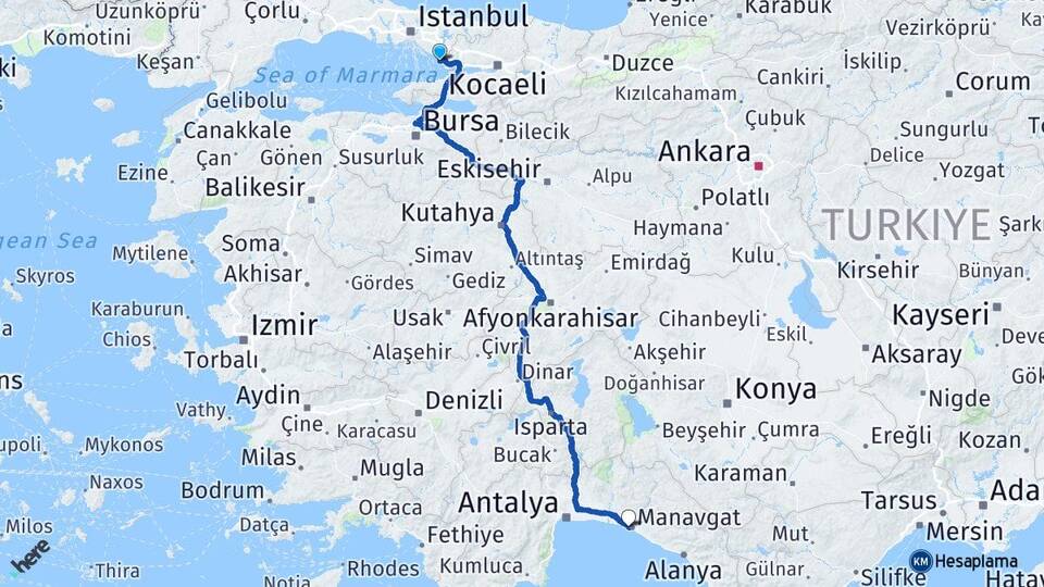 İstanbul Tuzla Side Manavgat Antalya Arası Kaç Km - Yol Haritası