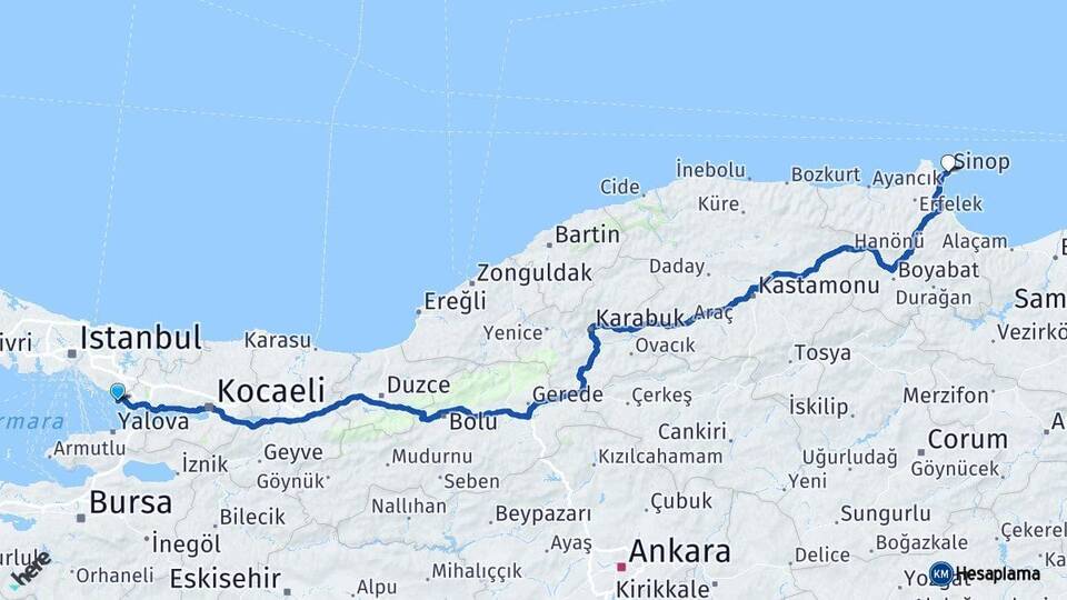İstanbul Tuzla Sinop Arası Kaç Km - Yol Haritası