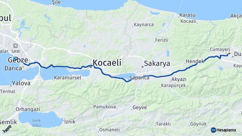İstanbul Tuzla Taşköprü Düzce Arası Kaç Km - Yol Haritası