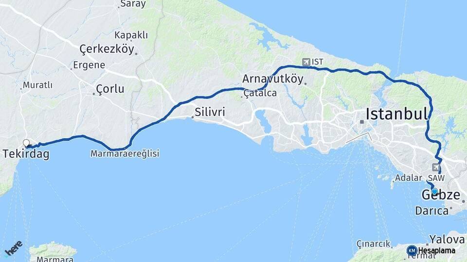 İstanbul Tuzla Tekirdağ Arası Kaç Km - Yol Haritası