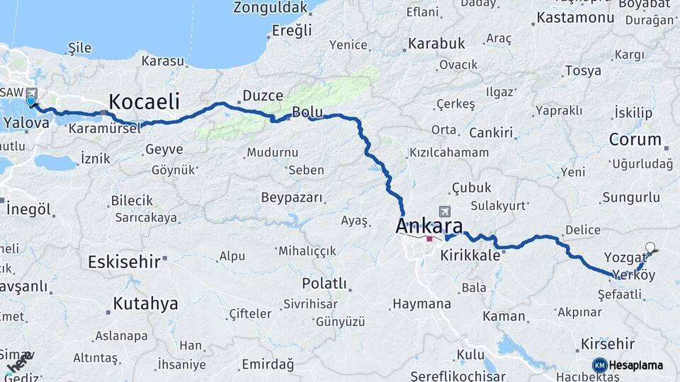İstanbul Tuzla Yozgat Arası Kaç Km - Yol Haritası