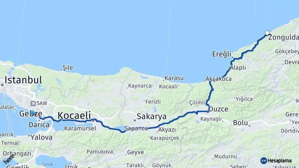 İstanbul Tuzla Zonguldak Arası Kaç Km - Yol Haritası