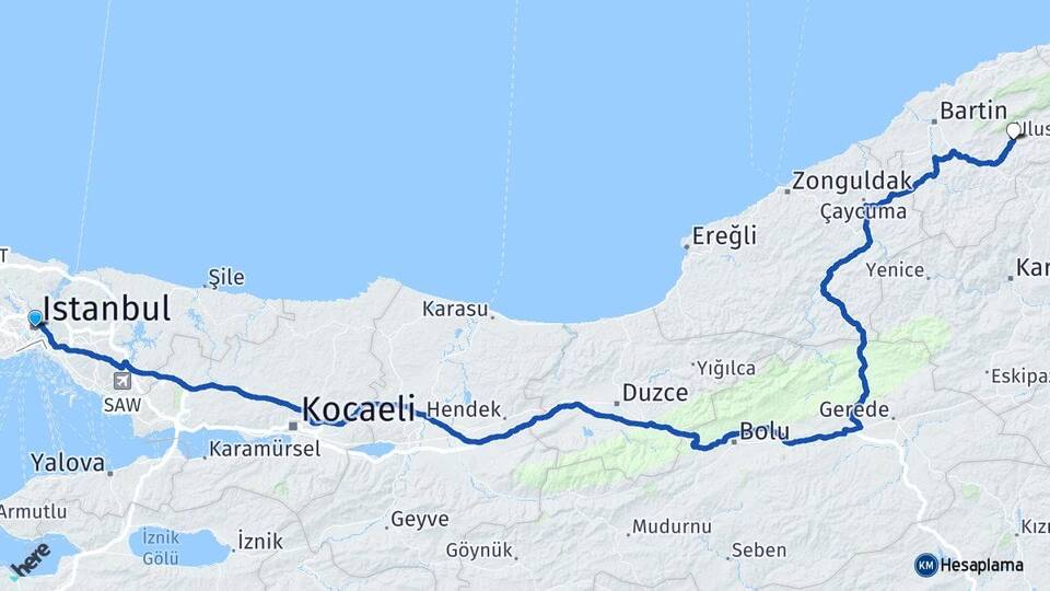 İstanbul Ulus Bartın Arası Kaç Km - Yol Haritası