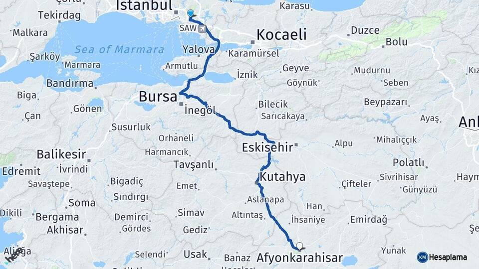 İstanbul Ümraniye Afyonkarahisar Arası Kaç Km - Yol Haritası