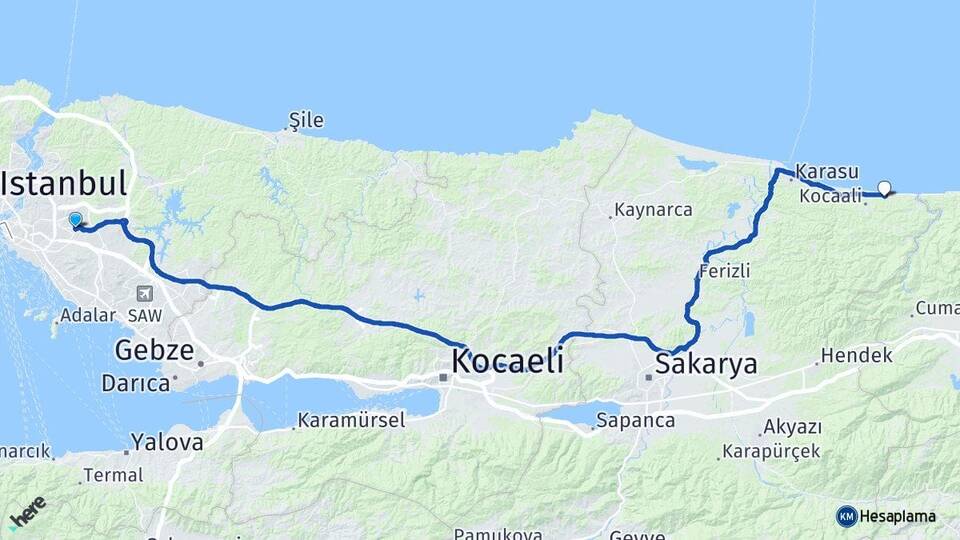 İstanbul Ümraniye Alandere Kocaali Sakarya Arası Kaç Km - Yol Haritası