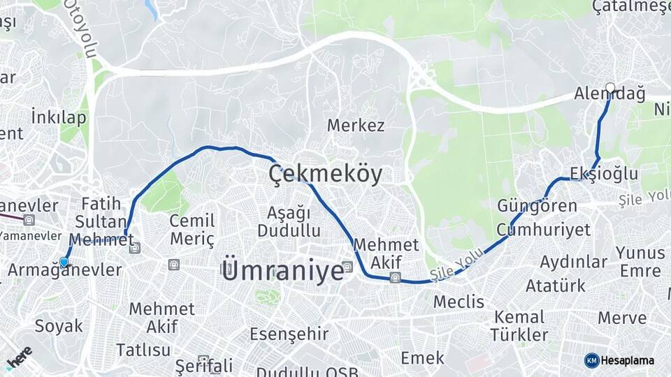 İstanbul Ümraniye Armağanevler Alemdağ Çekmeköy Arası Kaç Km - Yol Haritası