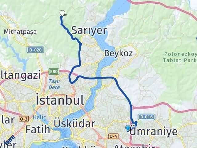 İstanbul Ümraniye Armağanevler Bahçeköy Sarıyer Arası Kaç Km - Yol Haritası