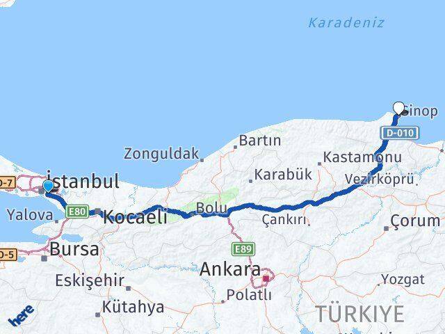 İstanbul Ümraniye Atakent Sinop Arası Kaç Km - Yol Haritası