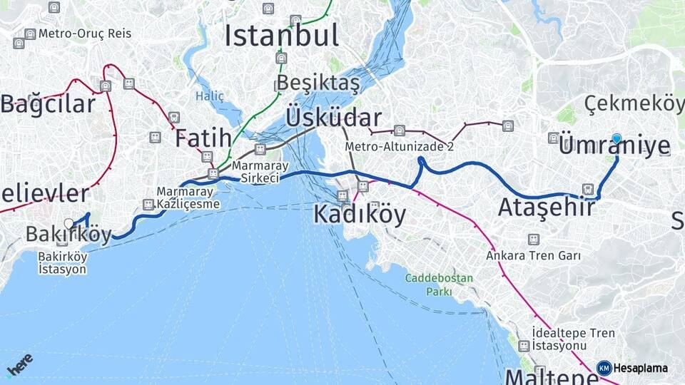 İstanbul Ümraniye Bakırköy Arası Kaç Km - Yol Haritası