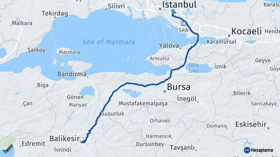İstanbul Ümraniye Balıkesir Arası Kaç Km - Yol Haritası
