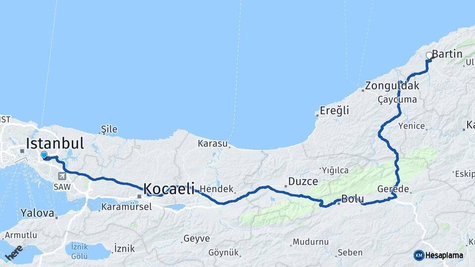 İstanbul Ümraniye Bartın Arası Kaç Km - Yol Haritası