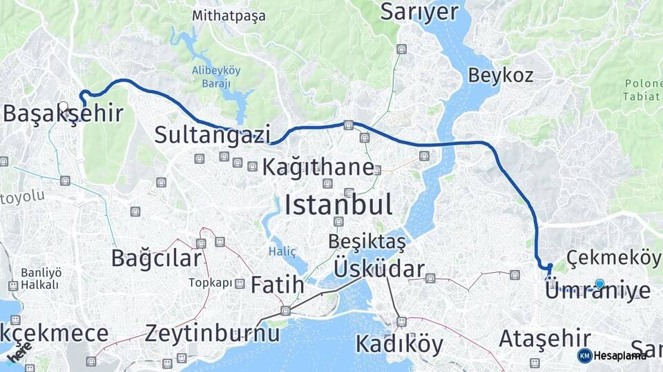 İstanbul Ümraniye Başakşehir Arası Kaç Km - Yol Haritası