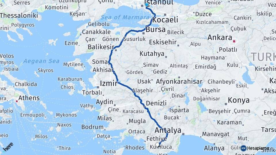 İstanbul Ümraniye Beldibi Kaş Antalya Arası Kaç Km - Yol Haritası