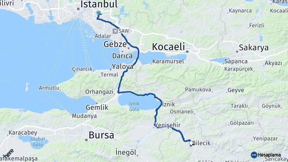 İstanbul Ümraniye Bilecik Arası Kaç Km - Yol Haritası