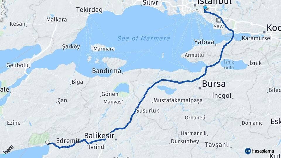 İstanbul Ümraniye Çakmak Akçay Edremit Balıkesir Arası Kaç Km - Yol Haritası