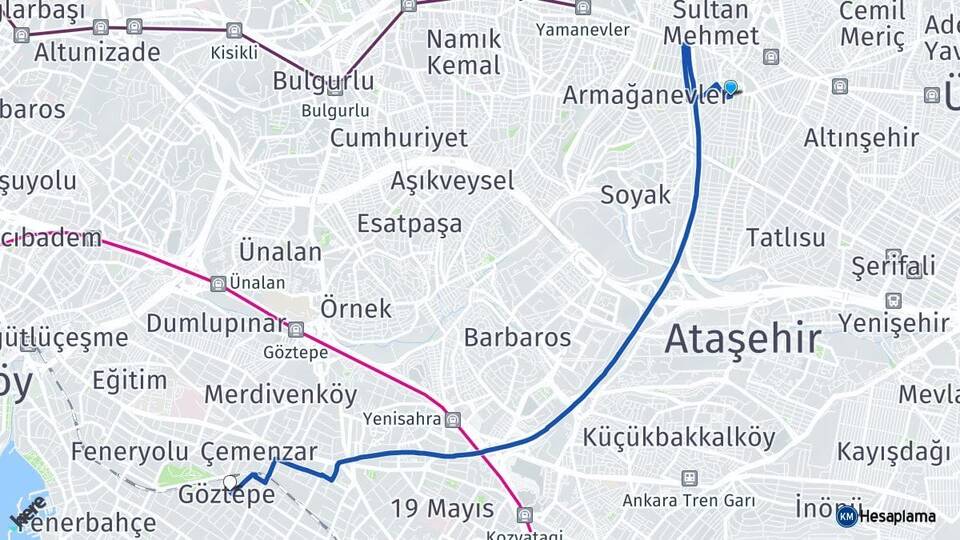 İstanbul Ümraniye Çakmak Göztepe Kadıköy Arası Kaç Km - Yol Haritası