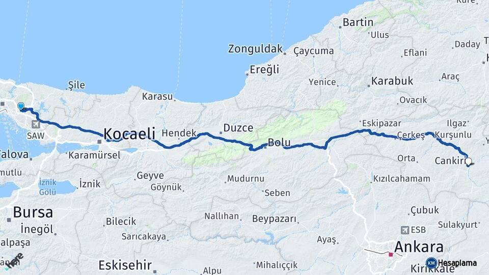 İstanbul Ümraniye Çankırı Arası Kaç Km - Yol Haritası