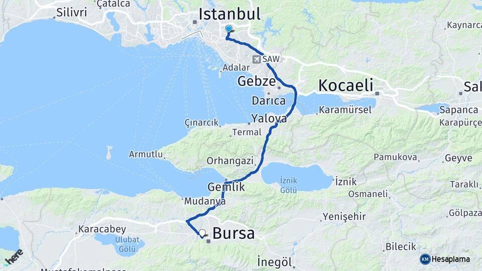 İstanbul Ümraniye Çekirge Osmangazi Bursa Arası Kaç Km - Yol Haritası