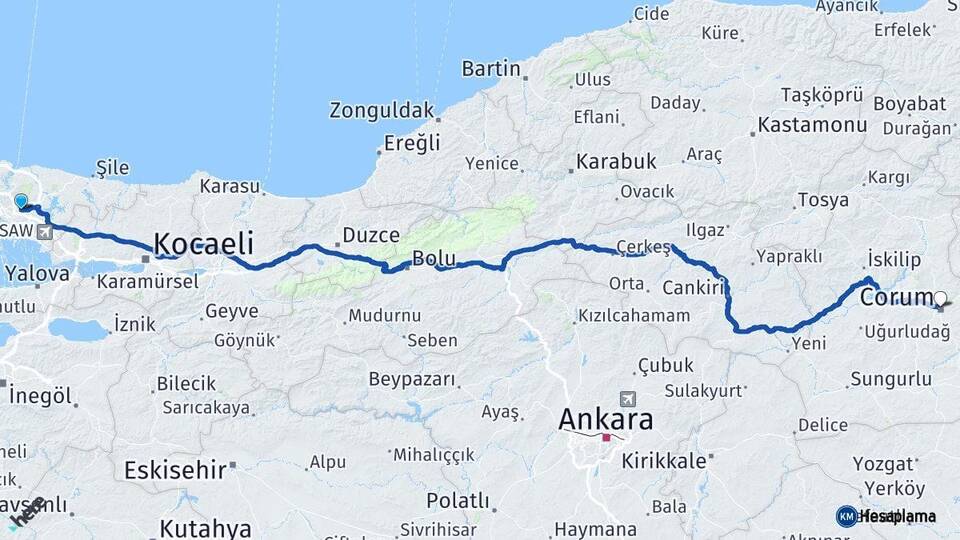 İstanbul Ümraniye Çorum Arası Kaç Km - Yol Haritası