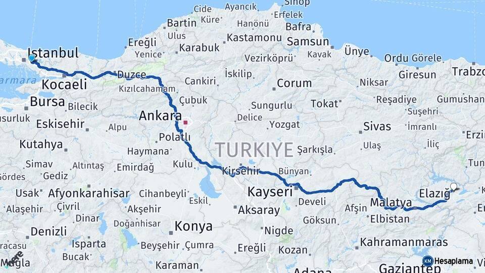 İstanbul Ümraniye Elazığ Arası Kaç Km - Yol Haritası