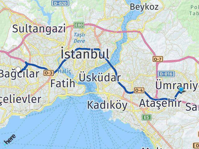 İstanbul Ümraniye Esenşehir Bağcılar Arası Kaç Km - Yol Haritası