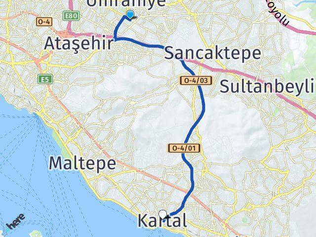 İstanbul Ümraniye Esenşehir Kartal Arası Kaç Km - Yol Haritası