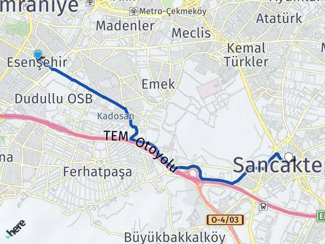 İstanbul Ümraniye Esenşehir Sancaktepe Arası Kaç Km - Yol Haritası
